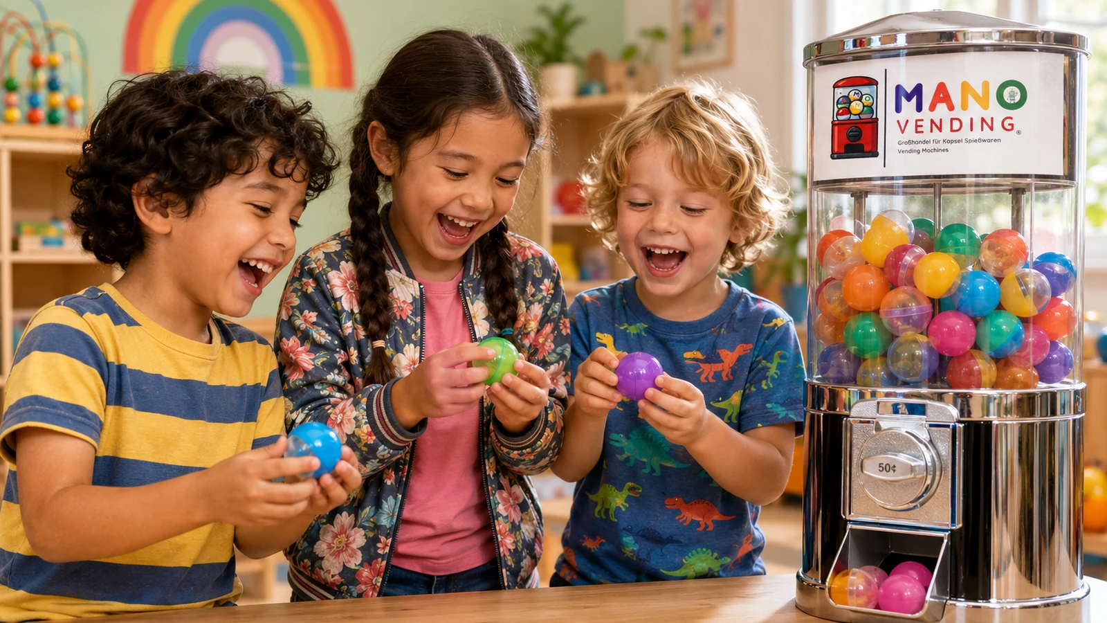 Kinder öffnen Kapseln an einem Mano Vending Automaten